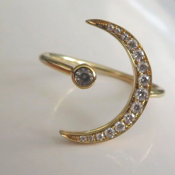 Half Moon Crescent Diamond White Sapphire 14K Yellow Gold Ring Ring - Picture 15 of 17